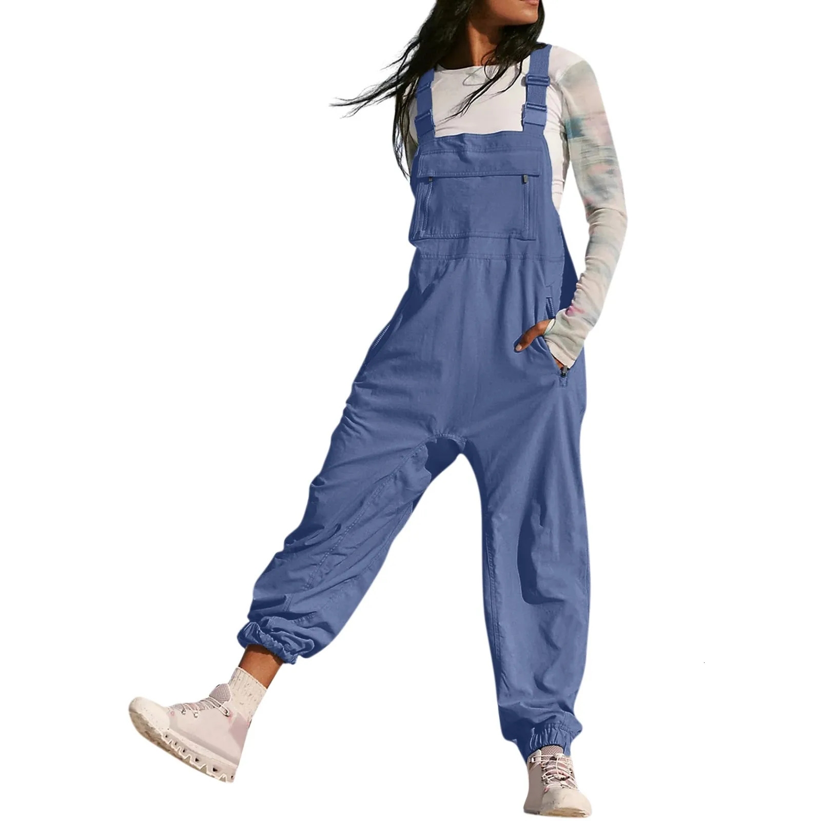 WomenS Jumpsuits Summer Fashion Casual Loose Wide Leg Jumpsuits Solid Color Insert Pockets Retro Button Strap Jumpsuits 250303