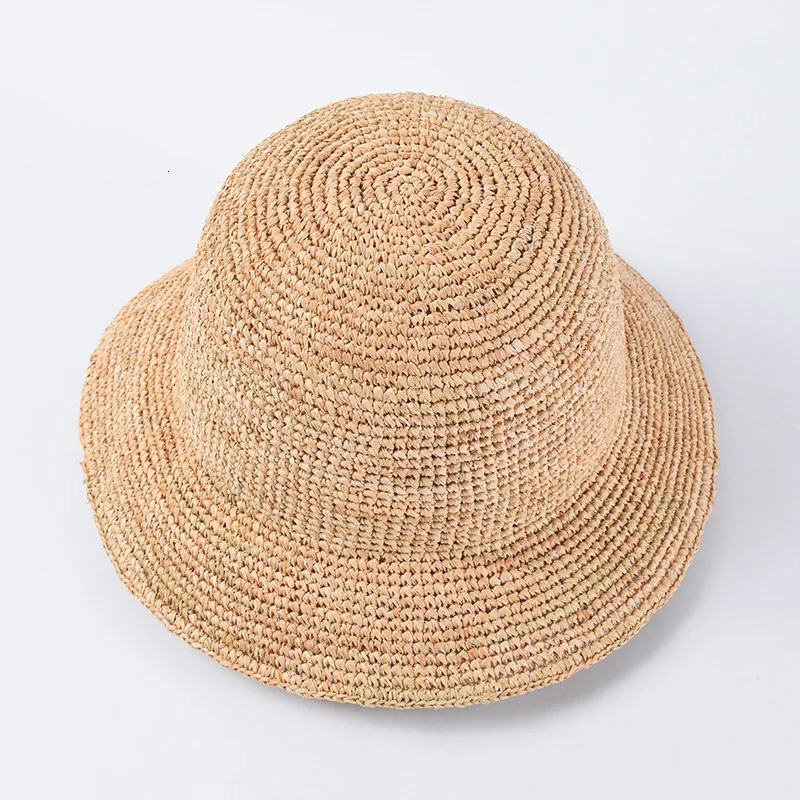 Natural Raffia Beach Sun Hat for Women Handmade Crochet Straw Hat Ladies Spring Summer Bucket Hat Floppy Fisherman Cap 250227