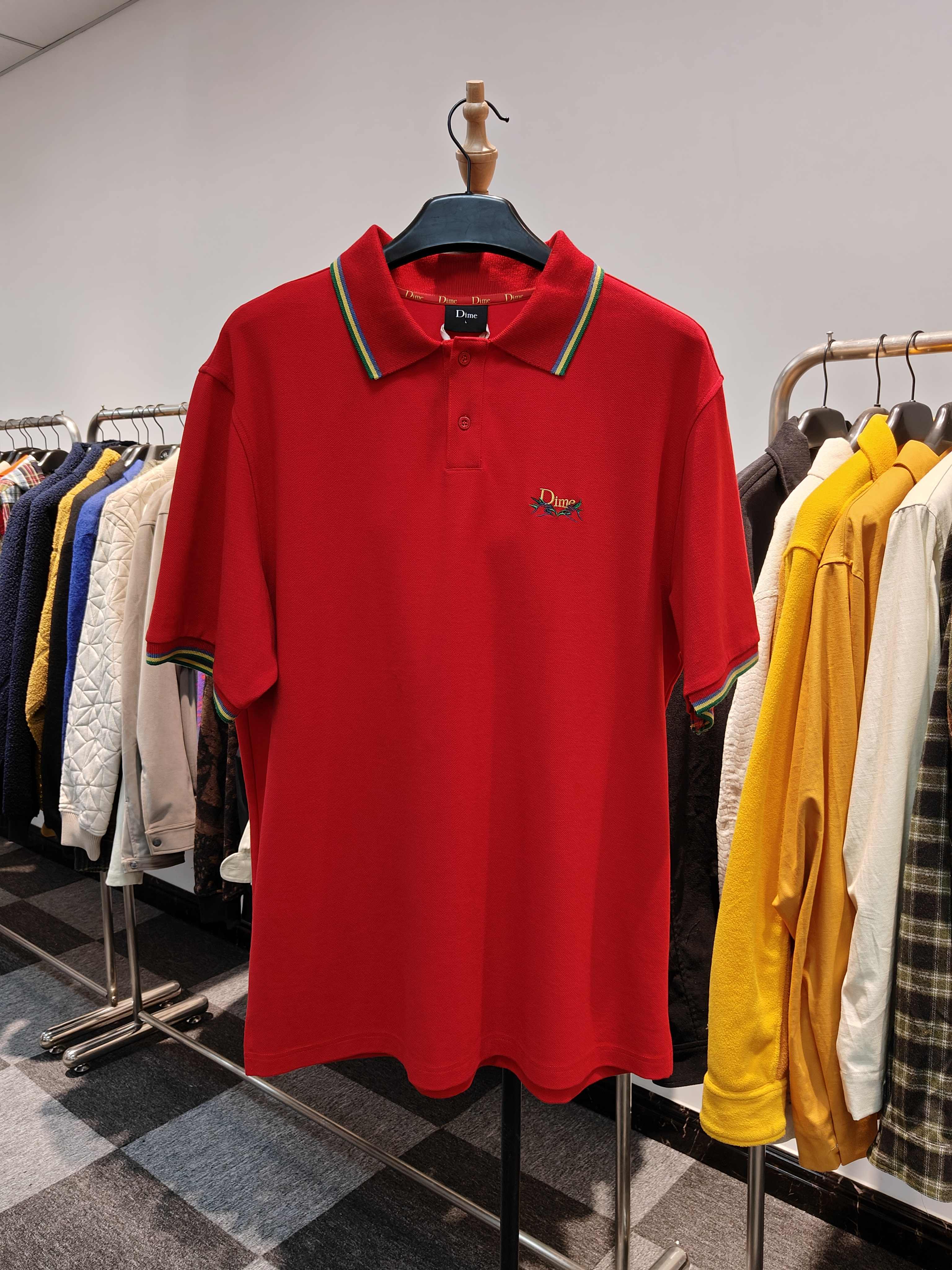 Men's Fitted Stretch Red Embroidery Polo Shirt Ribbed Cuffs and collar with rainbow striped pattern for Casual Wear