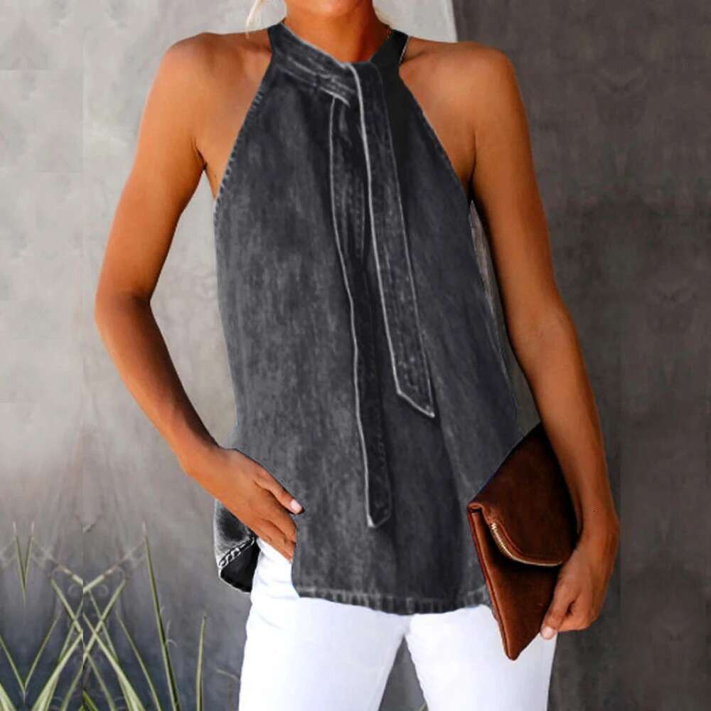 Color Women Solid Vest Sleeveless Back Button Neck Bandage Halter Blouse Top Perfect To Match With Jeans Shorts