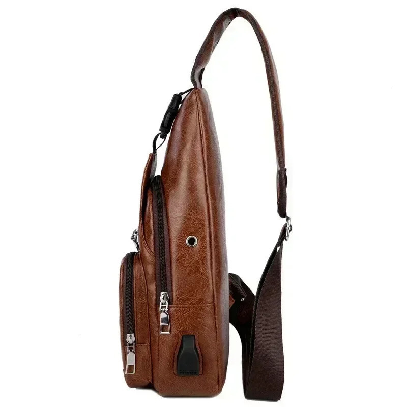 Mens Chest Bag Business Messenger USB Charging Fashion PU Leather Waist Outdoor Leisure Sports Shoulder 250227
