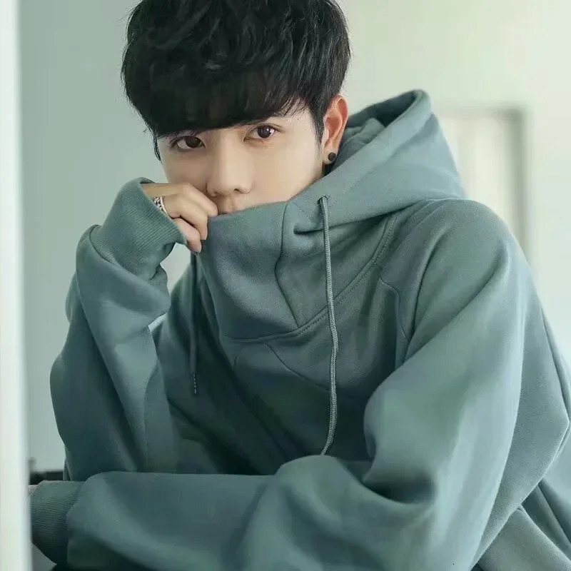 Autumn Turtleneck Fleece Hoodies For Men High Street Oversize Pullover Hoodie Unisex Y2K Vintage Hooded Sweatshirts Clothes 250304