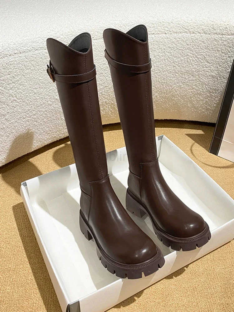 Vintage Warm Plush Wen Knee High Boots Fion Belt Buckle Shoes Autumn Winter Low Heel Wens Knight Long Booties Z250304