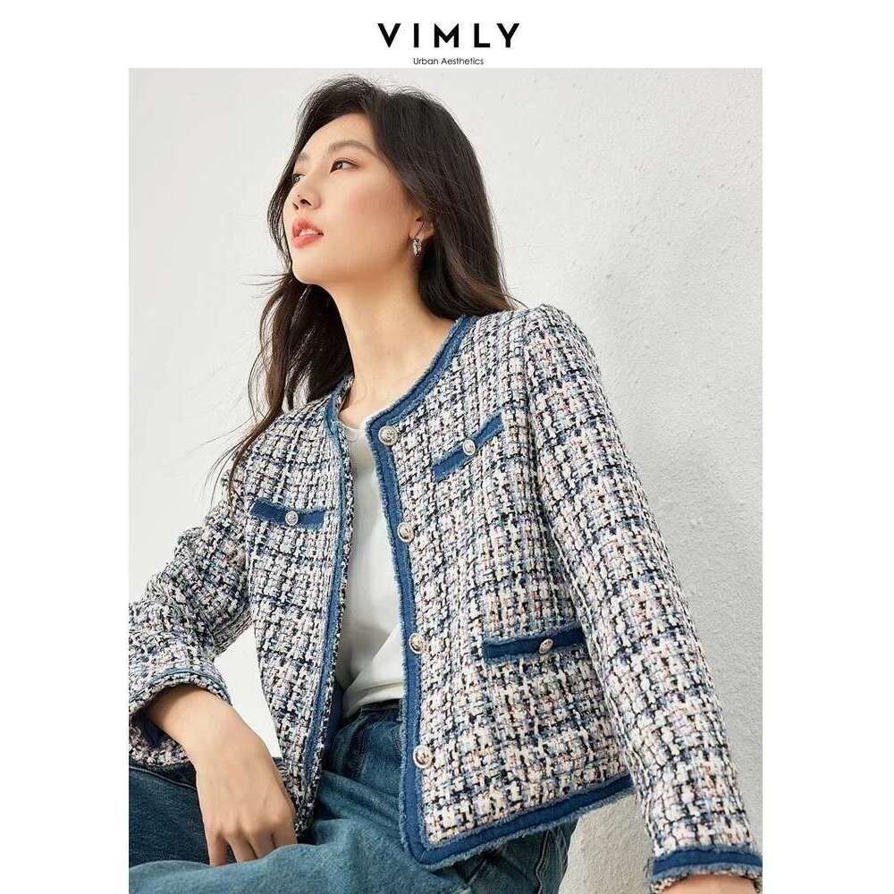 Vimly Plaid Tweed Cropped Jacket For Women 2024 Spring Patch Denim Design Elegant Fashion Lady Short Coat Female Outerwear M3288