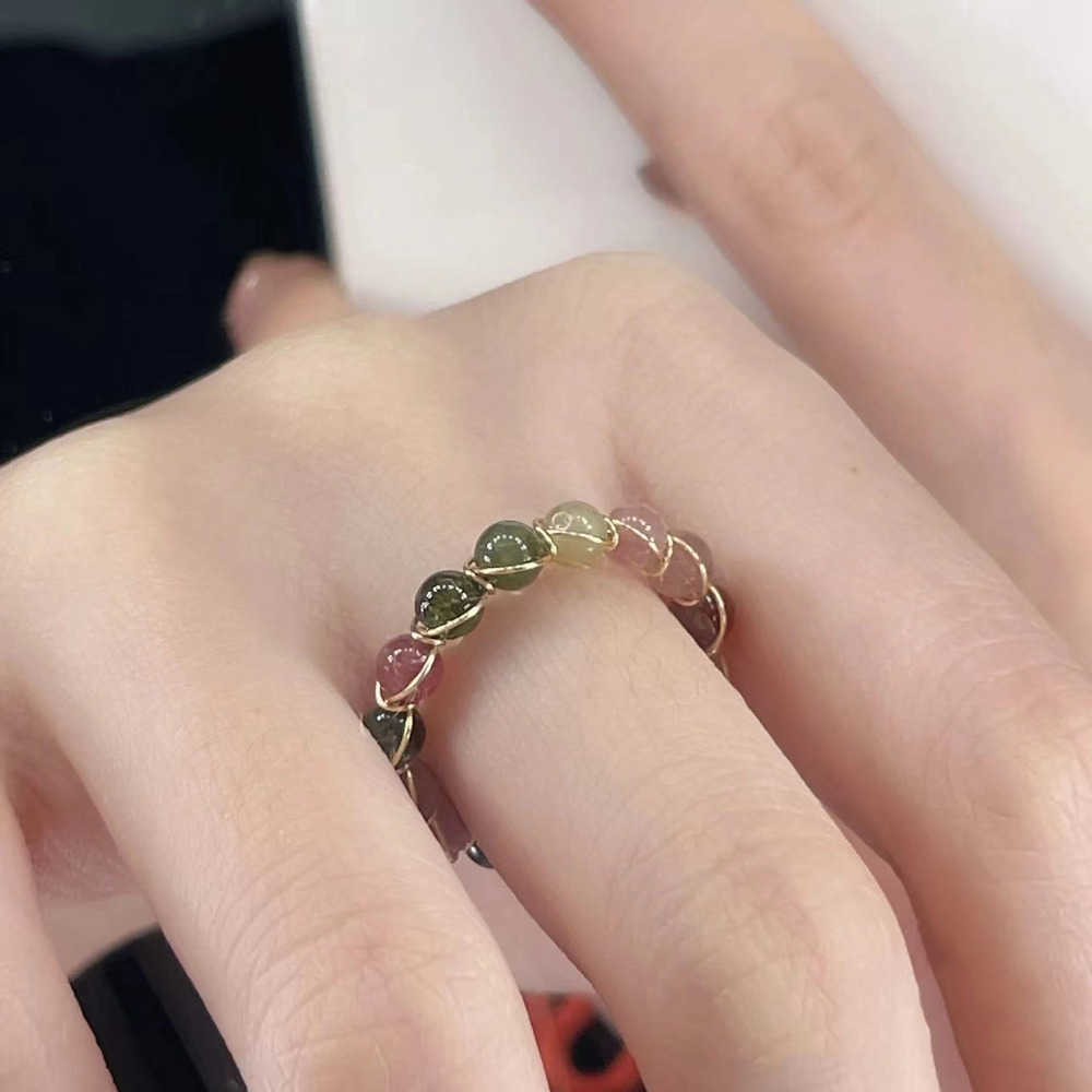 Couple Rings The same rainbow tourmaline ring fashionable multi treasure beaded ring for womens small number of ins high sense index finger ring H2530