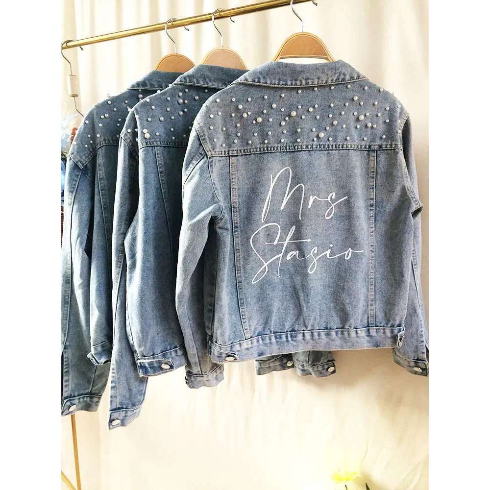 PERSONALIZED Statement Denim Bridal Name Pearl Detaig MRS Jacket Custom Date Placement On Collar Bride Gift New