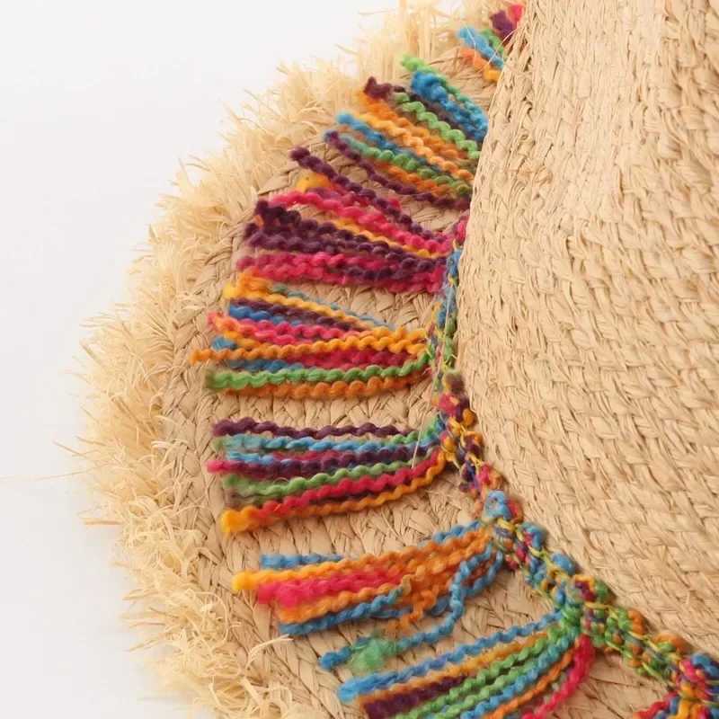 Girls Fashion Gifts MultiColored Tassel Grass Hat for Sun Shading Sun Protection Breathable Weaving Wide Brim Grass Hat GiftsXJ250304