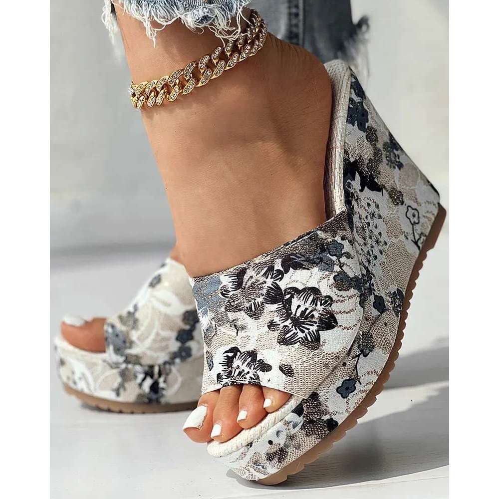 Fashion Shoes Women Casual Flip ps Summer Vintage ral Print Peep Toe Wedge Slippers
