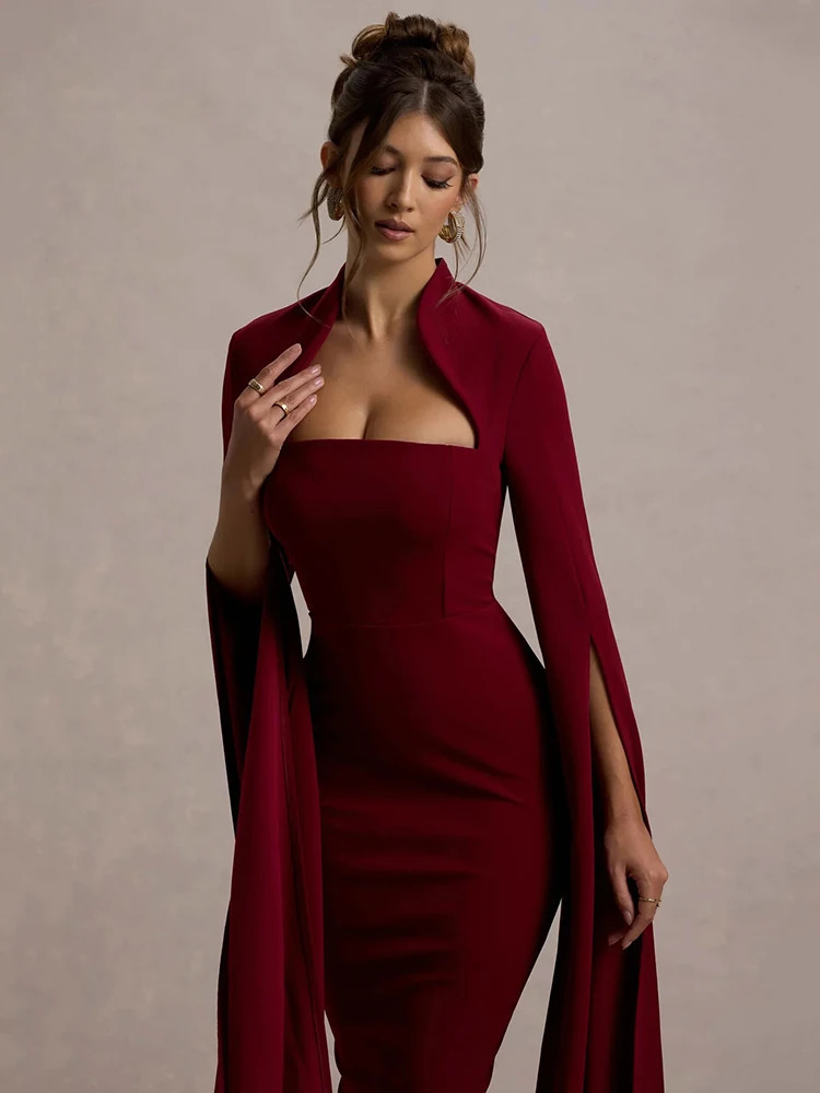 Mozision Cape Long Sleeve Sexy Midi Dress For Women Autumn Winter Square Collar Back Slit Bodycon Club Party Long Dress 250303