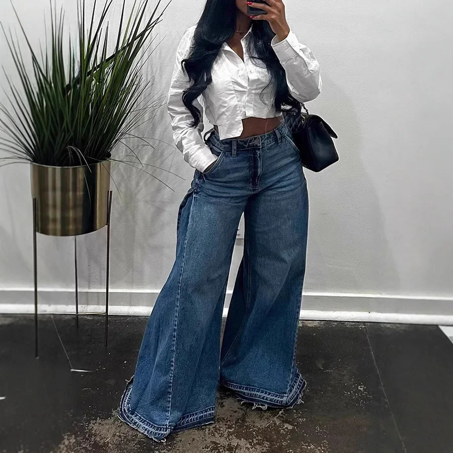 Vintage American Style Wide Leg Jeans Spliced Floor Length Bell Bottom Pants Fringebell-Bottom Pants For Men And Women 250228