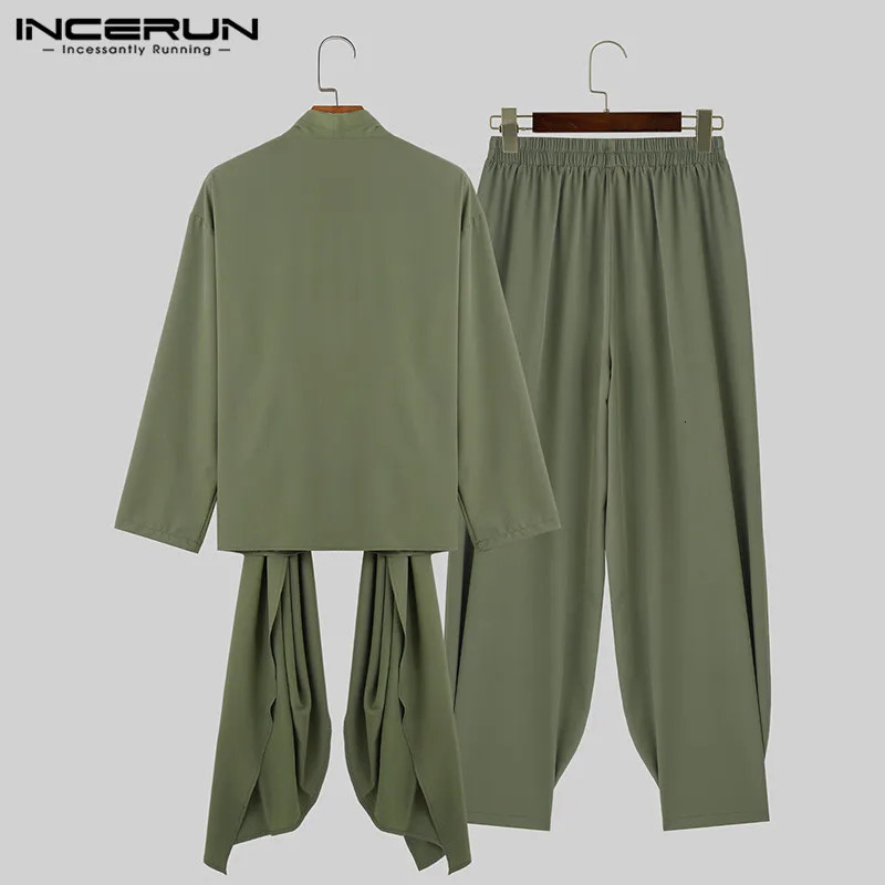 INCERUN Men Irregular Sets Solid V Neck Long Sleeve Lace Up Shirt Pants Two Pieces Sets Streetwear Men Casual Suits S-5XL 250303