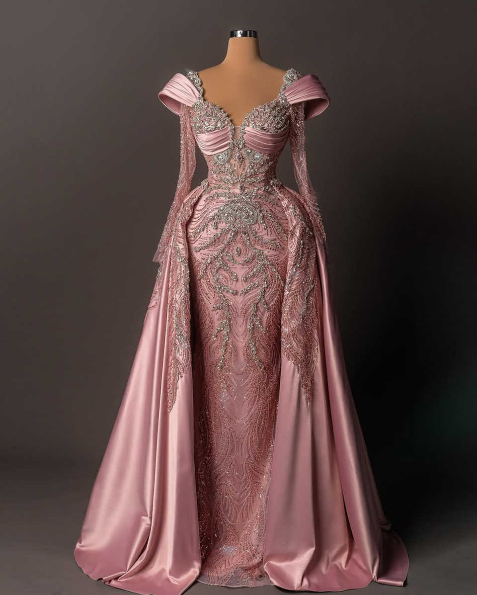 Gorgeous Evening Dresses For Women Sweetheart Neck Long Sleeves Gown Sequins Crystal Detachable Train Party Customized Dress