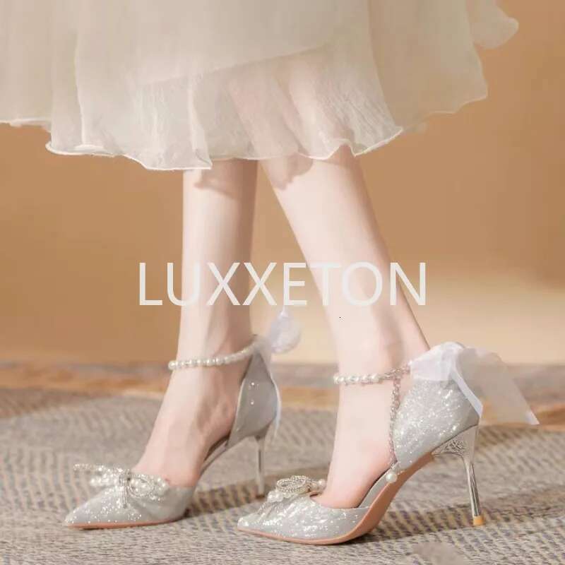 Bow Summer Fashion Pearl Women Pointed Toe Breathable and Wear Resistant Sier High Heeled Sandals