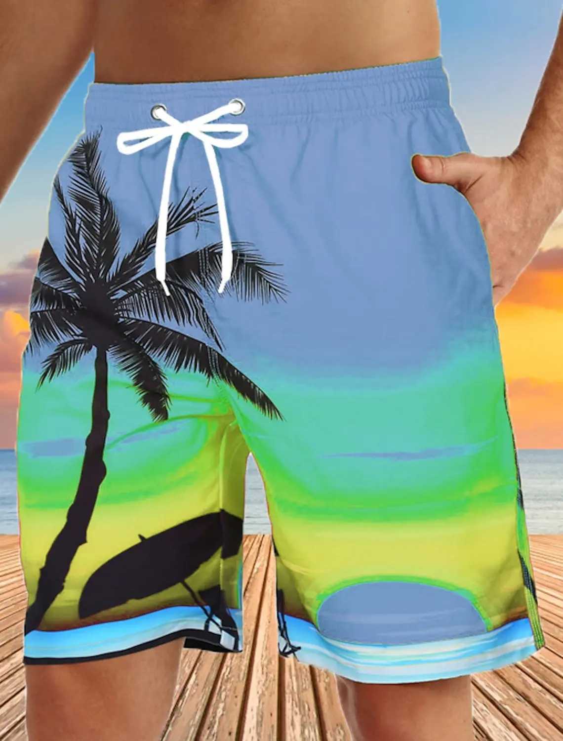 Hawaiian Coconut Tree Beach Shorts 3D Printing Summer Mens Casual Swimming Short High Elastic Quick Drying Pants Sport PantT250304
