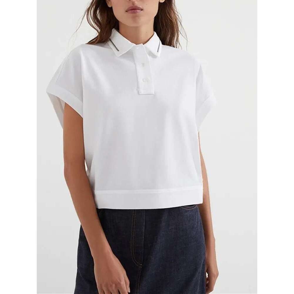 Women 100% Cotton T-Shirt Beading Chain Turn-Down Collar Simple 2 Colors Female Casual Tshirts