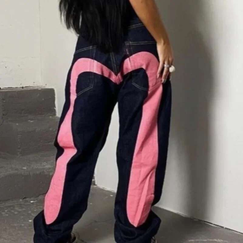 Jeans Women Gothic Y2k Retro Streetwear Black Cargo Punk Vintage Kpop Print Wide Leg Denim Panrts Female Autumn Trousers Pants