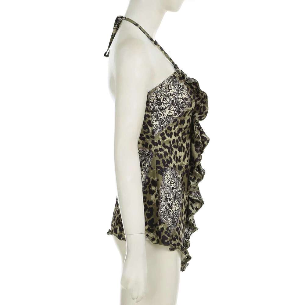 Vintage Halter Rockmore Neck Leopard Slip Top Summer Ruffled Hem Camis Vest Women's Fashion Tank Tops Aesthetic Chic Y2k Clothes