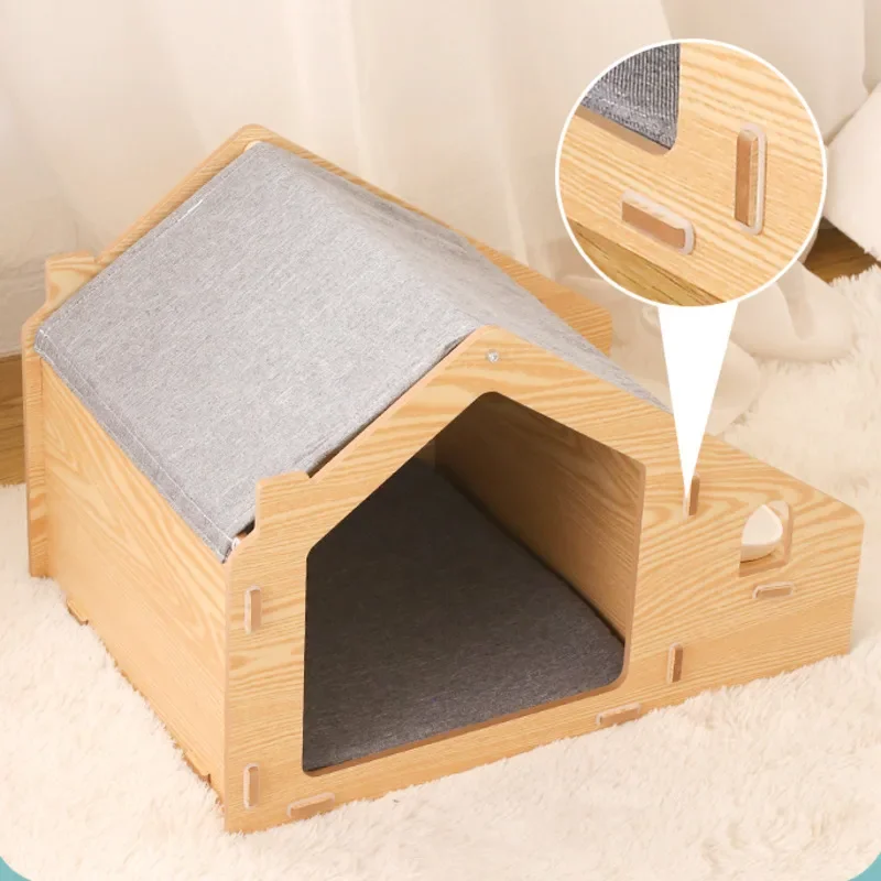Enclosed Solid Wood Cat Nest Detachable Pet Villa Tip-Proof Cat Shelter Year-Round Comfortable Nest for Cats and Pets