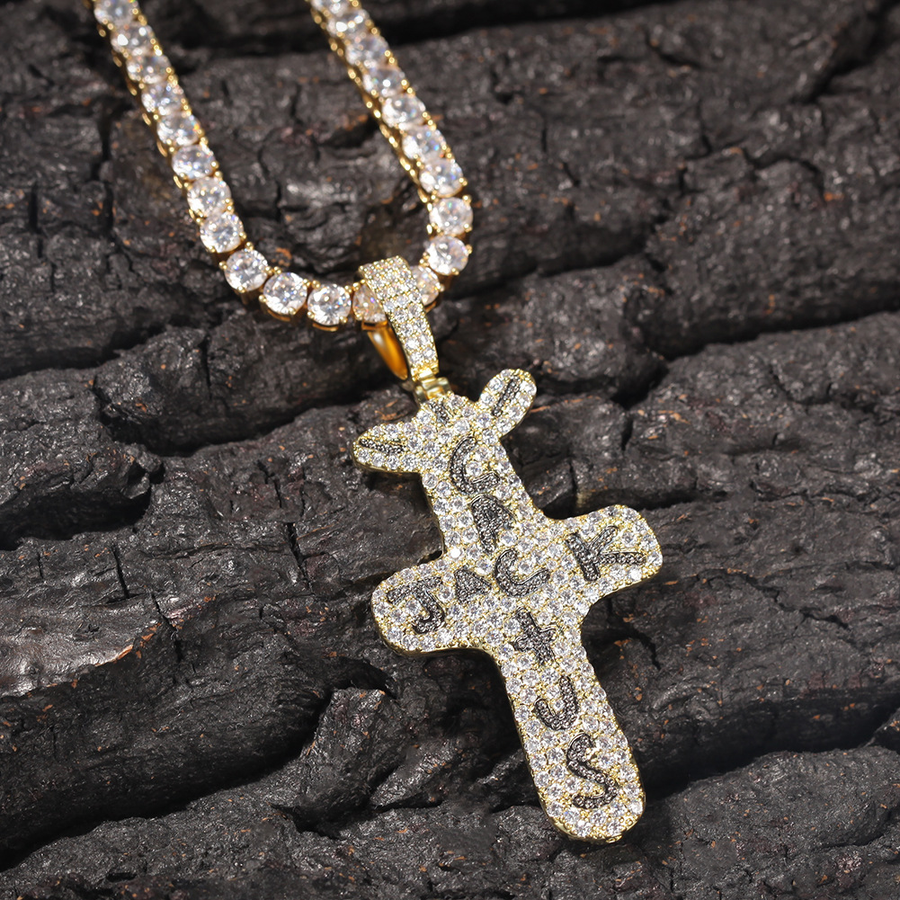 Classic Hip Hop Cactus Jack Cross Pendant Necklace 5A Zircon Gold Plated Boy Men Religious Jewelry