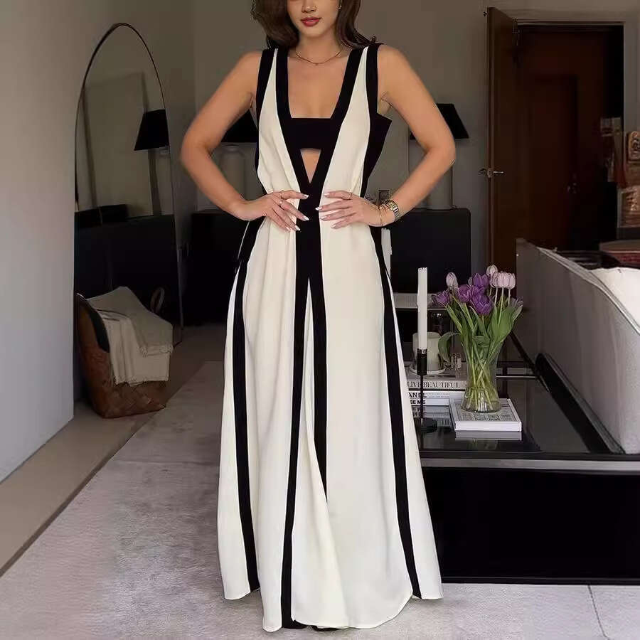 European and American sexy double-sided V-neck contrasting dress 2025 new casual versatile fashion clothing