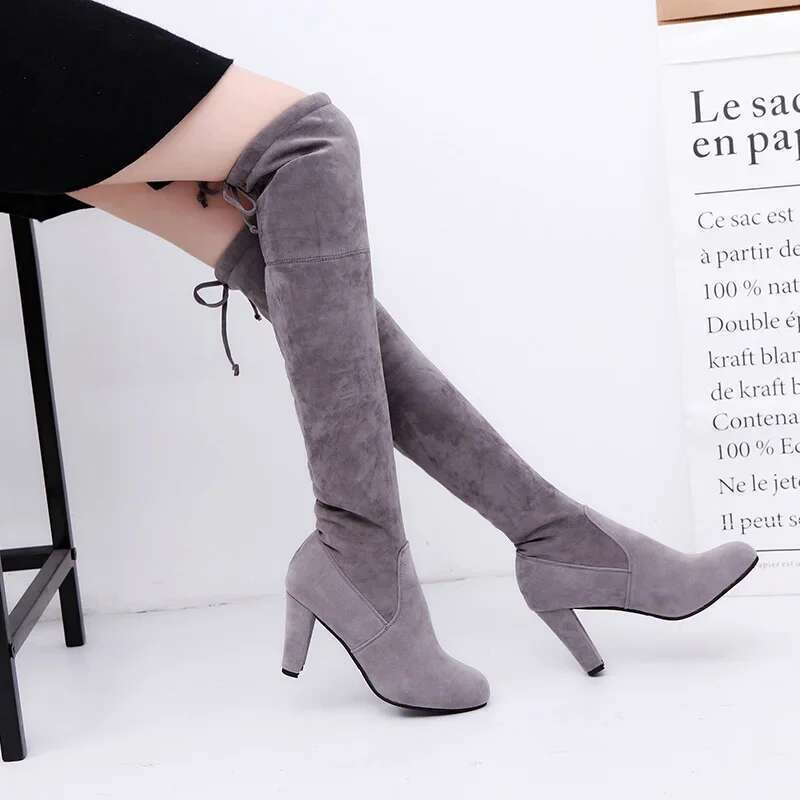 2025 OVERThe Winter Knee Women Stretch Fabrics High Heel Slip on Shoes Pointed Toe Woman Long Boots Size Plus Size34-43