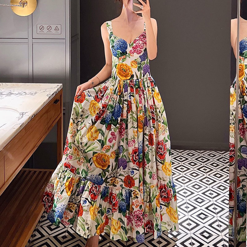 Women's Floral Print Cotton Camisole Dress Elegant Square Neck Waist-Up Pleated Clothes Stylish Summer Vacation Fashion Luxury Designer High-Qual