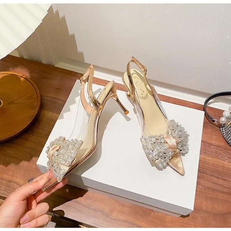 New Pointed Toe Stiletto PVC Rhie Bow Decoration Fashion Ladies Shoes Sexy Elegant Wedding Banquet Party High Heels