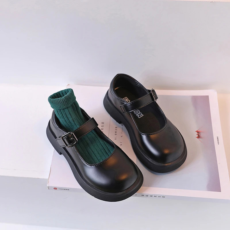 Girls Leather Shoes Versatile Buckle Black Children Casual School PU Nonslip Kids Fashion Loafers Korean Style 250303