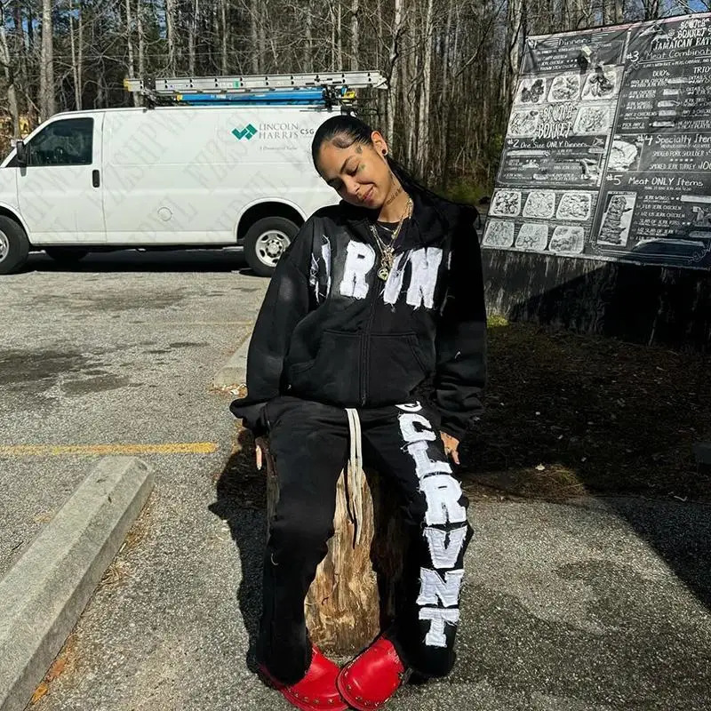 Y2K Sweatshirt Letter Patch Streetwear Hoodies Clothes EMO Girl Hip Hop Graphic Punk Vintage Zip Up Hoodie Punk Gothic Trousers 250303