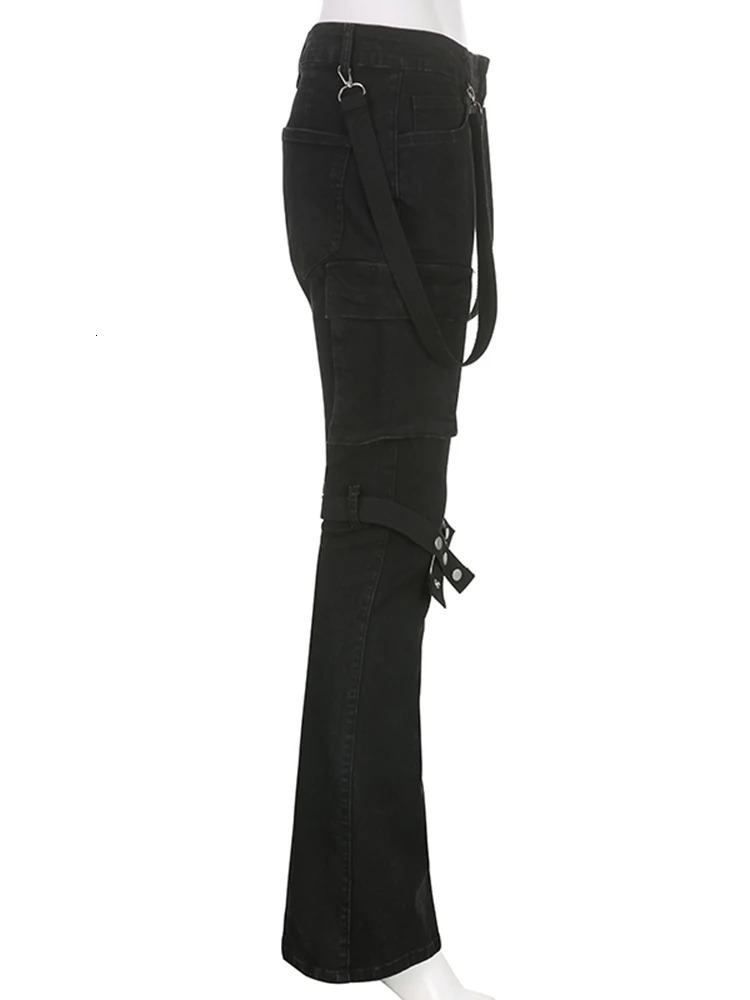 IAMSURE Punk Style Big Pockets Jeans Gothic Casual Slim LowWaisted Flare Pant 2025 Spring Autumn Streetwear Lady 250227
