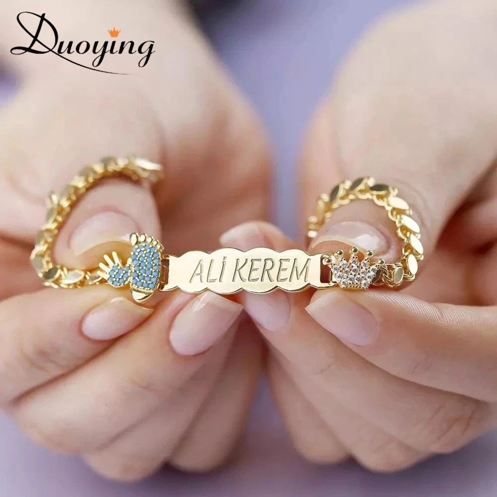 DUOYING Custom Baby Name Footprint Bracelet Personalized Crown Zircon Nameplate Bracelets Engraved Cute Name Bar with Birthstone 250304