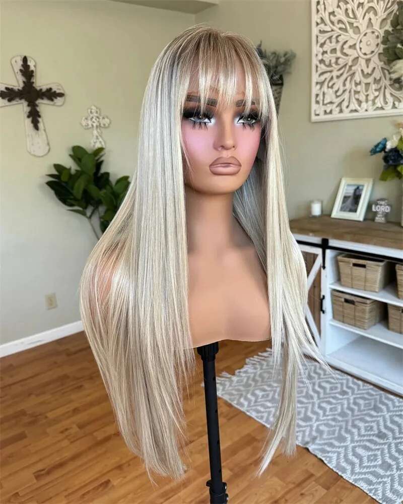 Long Straight Frontal Wigs Ash Blonde Rooted Womens With Bangs Soft Synthetic Hair Swiss Lace Wig Glueless Easy To Wear