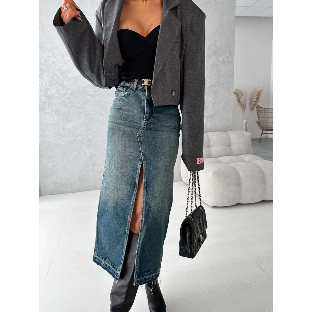 High Quality Women's Long Denim Casual Mid Waist Split Front Midi Jean Skirts With Pockets