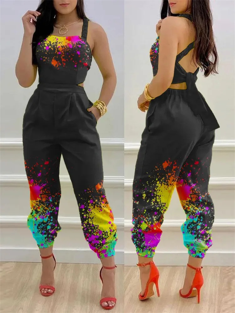 Summer Fashion Printed Sleeveless Jumpsuit Sexy Hollow Backless Lace Up Long Jumpsuits Elegant Casual Jumpsuit With Pocket 250303