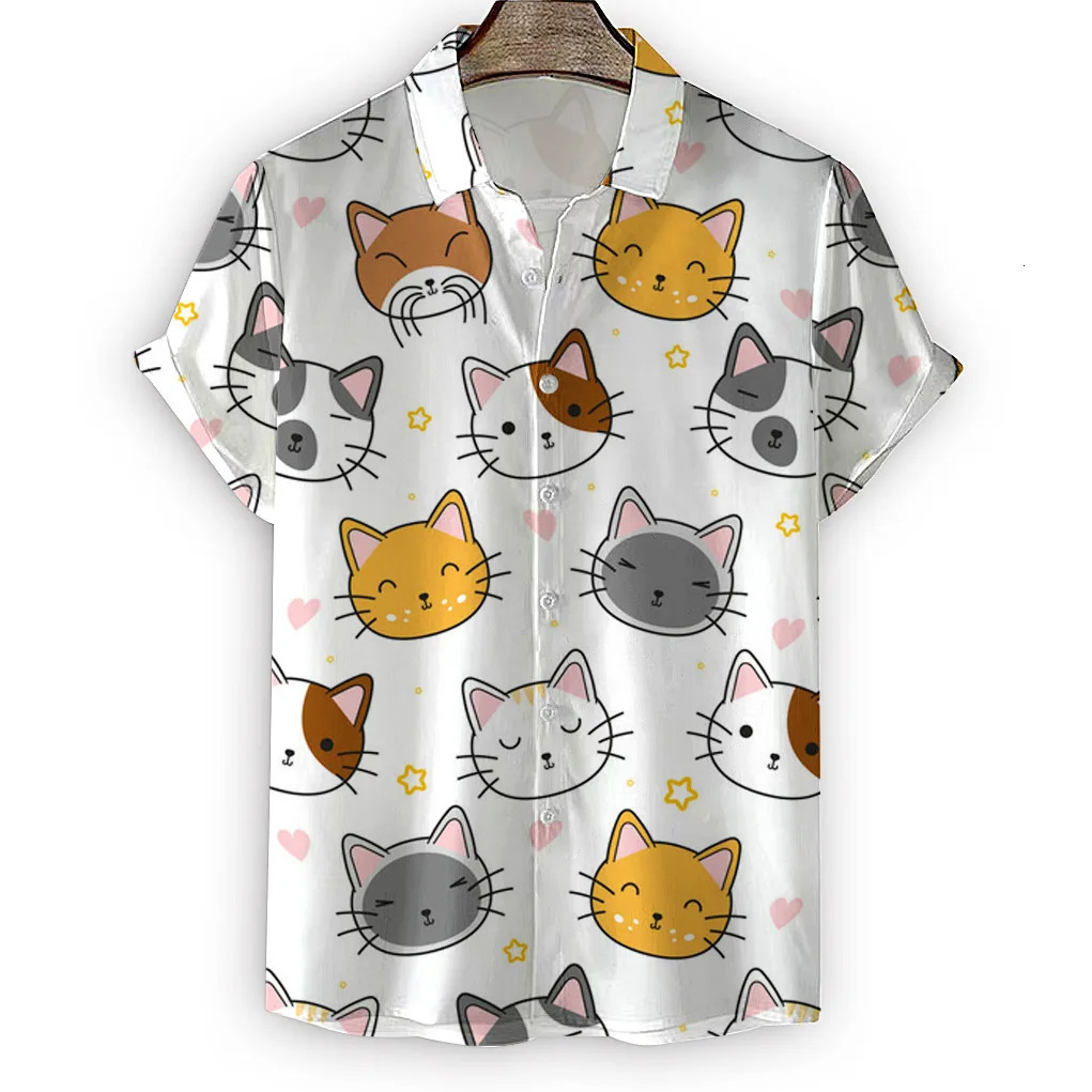 Summer high quality Mens Hawaiian Shirt 3D animal black cat Printed Short lapel Sleeve Big Size Hawaii Men Beach Floral Shirts 250227