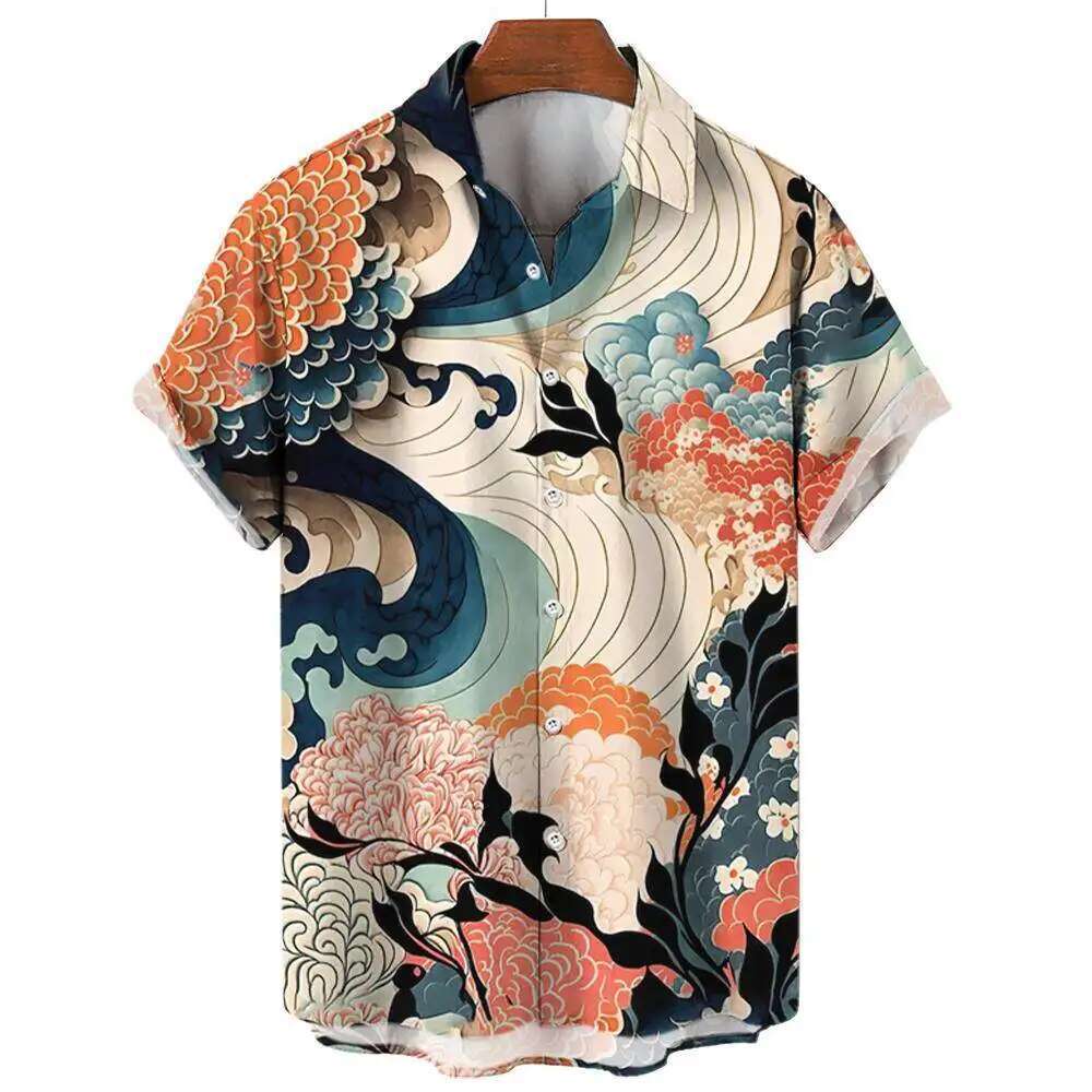 2025 New Shan Hai Jing Ukiyo-e Wave And Cloud Print Men's Designer Short Sleeved Shirt Casual Daily Summer Fashion Street Comfortable Trendy Top 