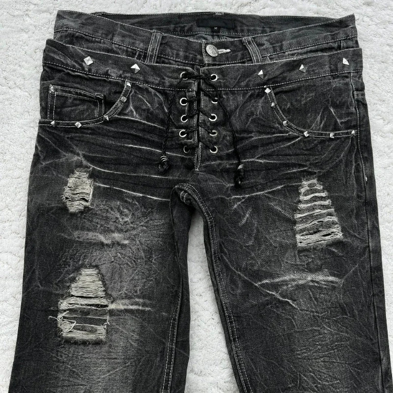 retro double waisted lace up micro flared women pants streetwear Y2K washed high-quality sense men and women jeans 250228