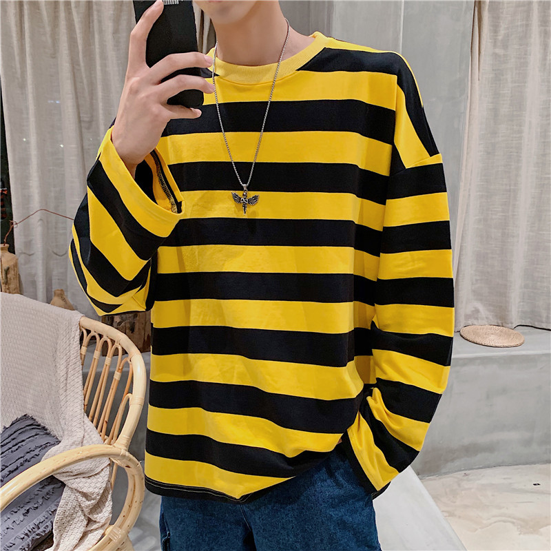 DA03034 Men's black and white striped long-sleeved T-shirt round neck sweatshirt bottoming shirt top
