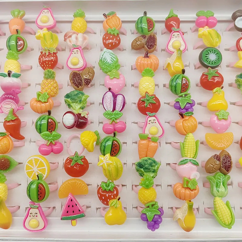 100pcs/Lot Wholesale Children Finger Rings for Girls Party Pink Cute Jewelry Open Adjust Resin Ring Cake Animal Fruit Ice Cream 250304