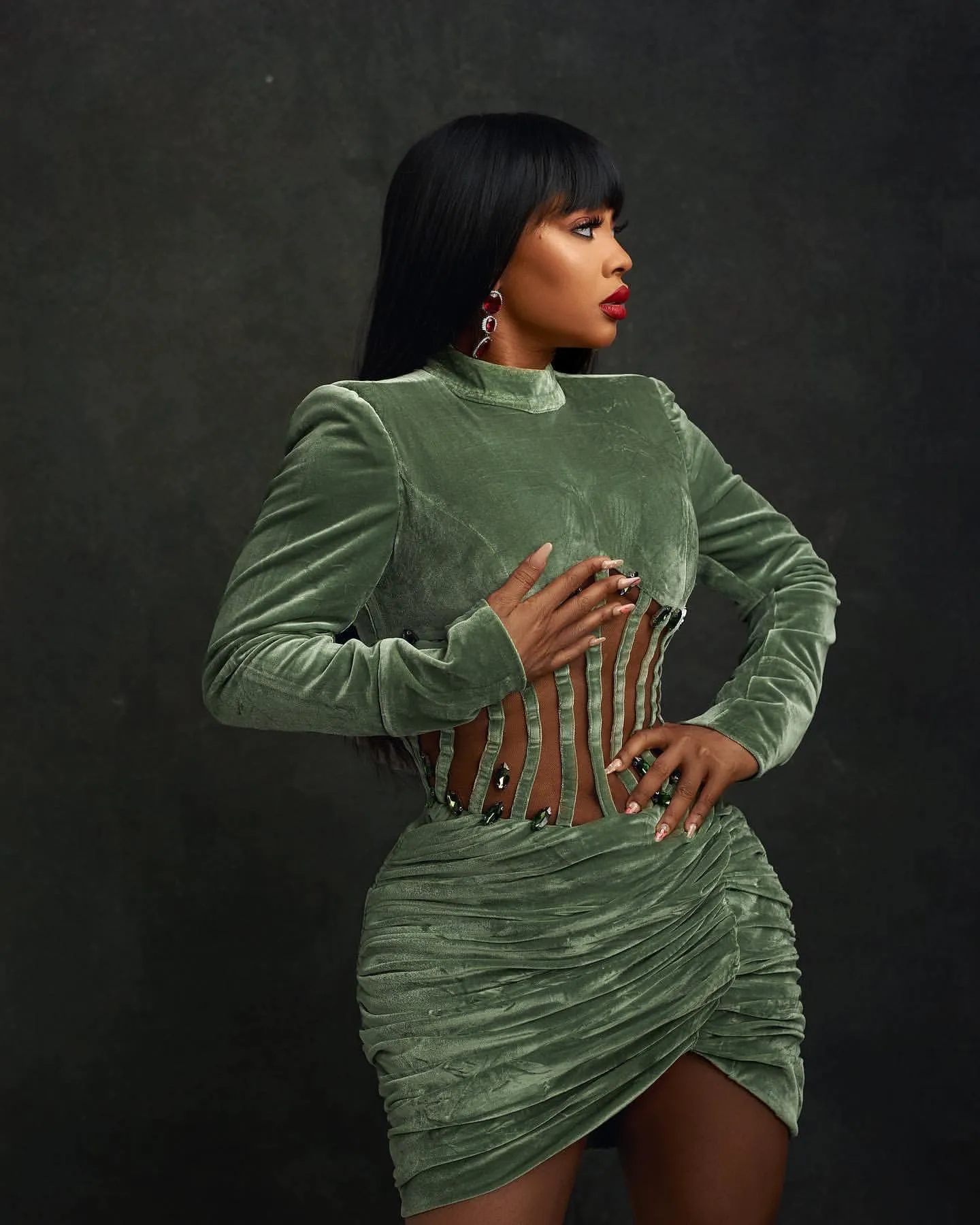 Olive Green Sheath Cocktail evening Dress Rhinestones Velvet Full Sleeves Short Mini corset Graduation Homecoming Dresses