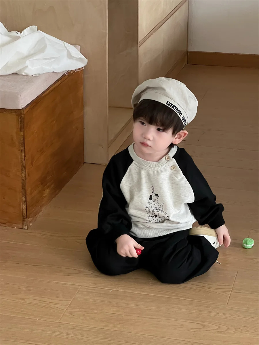 Spring Baby Long Sleeve Clothes Set Boys Cartoon Print Sweatshirt Loose Pants 2pcs Suit Infant Casual Sports Outfits 250304
