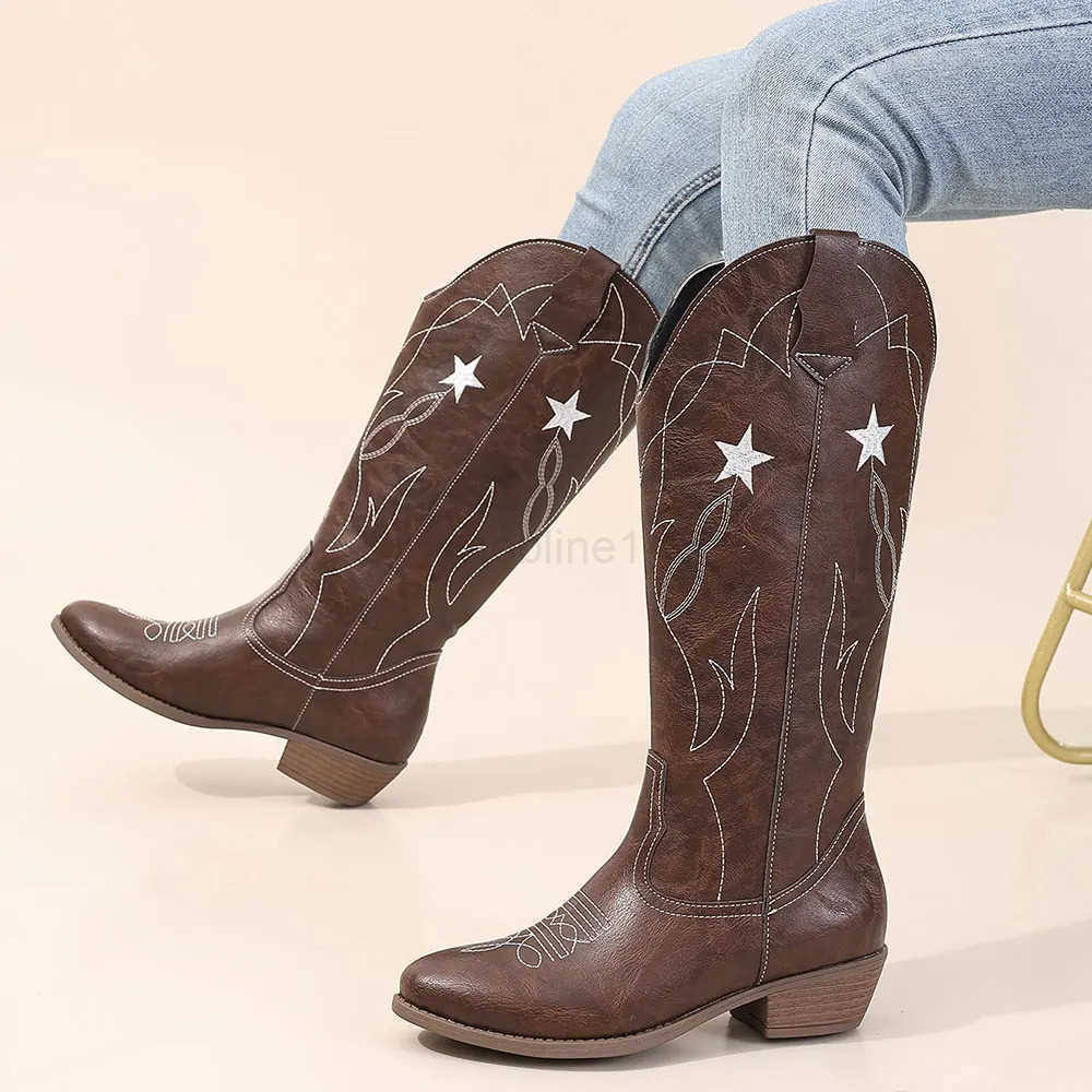 Brand New Plus size 42 Block H Vintage Black Cowboy Boots Wen with stars Country Concert Mid-calf Wern Boots Shoes Z250304