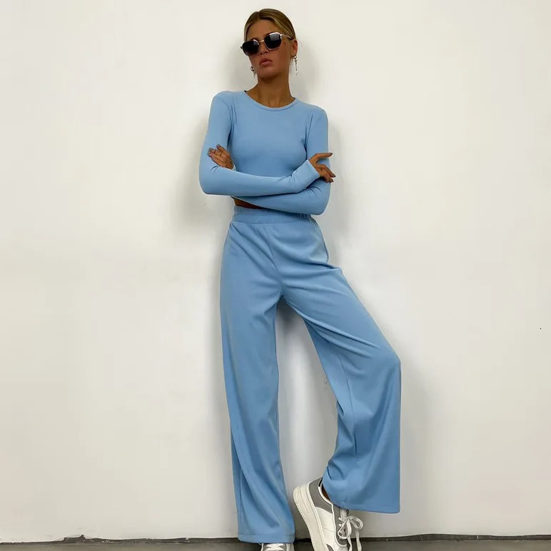 Women Casual Solid Color Suits Slim Fit Knit WideLeg Two Piece Pants Sets Streetwear Autumn 2023 Fashion ONeck Tracksuits 250225