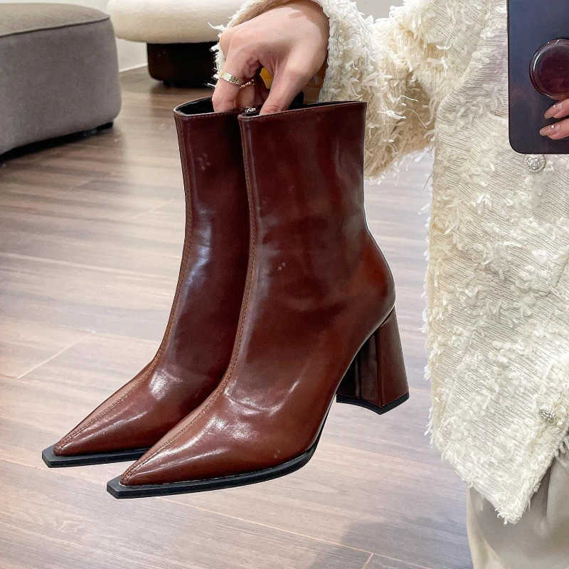 Pointed Toe Wen Ankle Boots Fion Elegant Soft Leather Shoes Thick Heel Wens Modern Short Booties Z250304