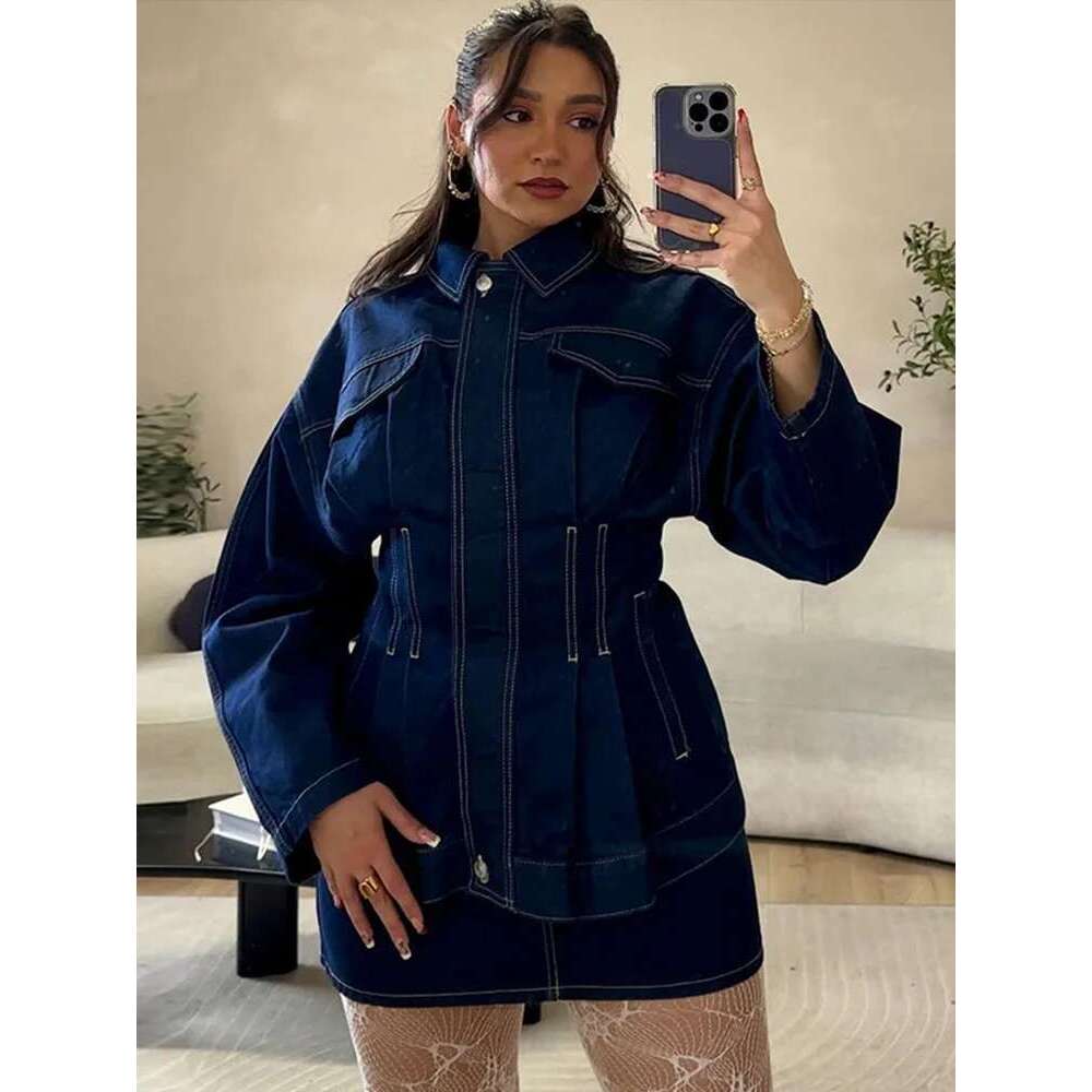 Fashion Denim Women's Coat Dark Blue Lapel Long Sleeves Zippers Pleated Female Coats 2025 Spring High Street Lady Outwear