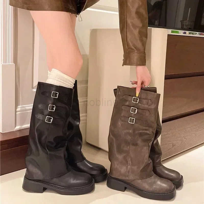 Winter New Wens Boots 2024 High Quality Fionable Round Toe Solid Color Buckle Mid-heeled Sle Wens High Boots Z250304