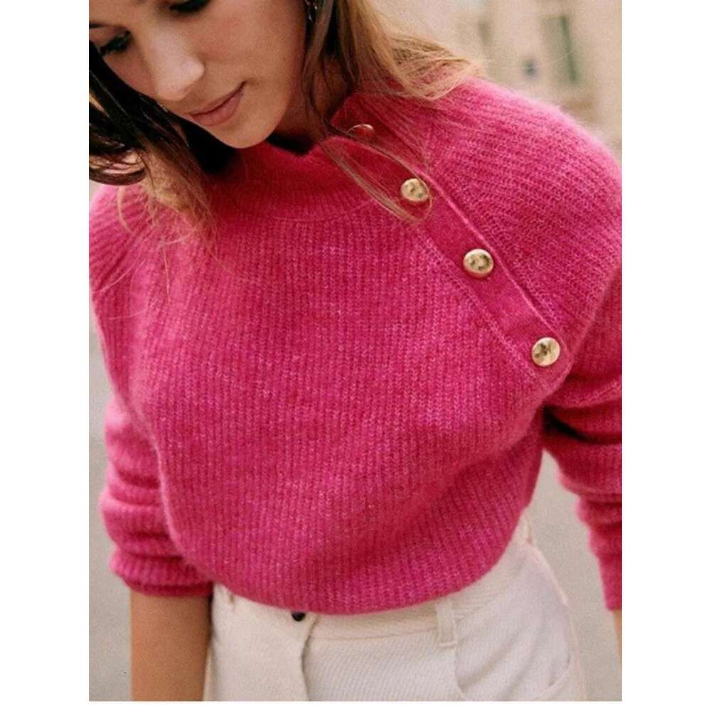 Autumn Winter Ladies Striped Sweater New Women's Half Turtleneck Loose Pullover Knit Tops All-Match With Oblique Buttons