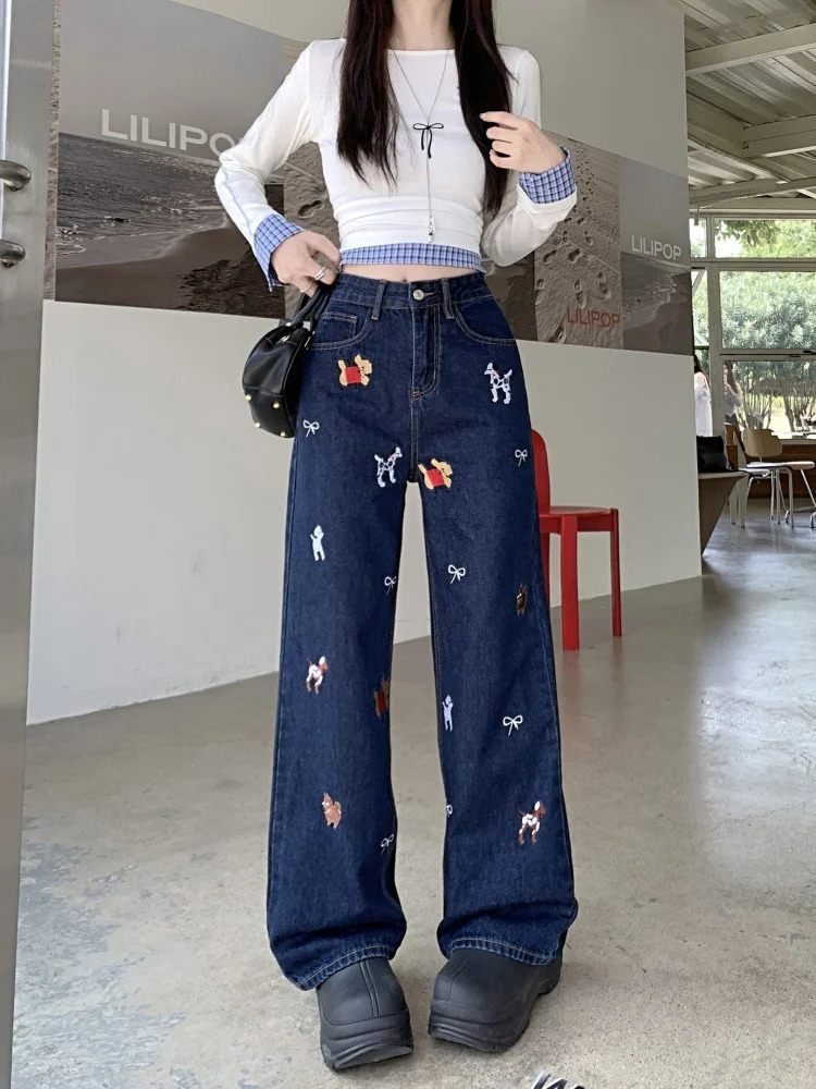 2024 Ropa Y2K Fashion Bow Dog Embroidery Bag Jeans Dress Deep Blue Straight Womens Denim Shorts 250227