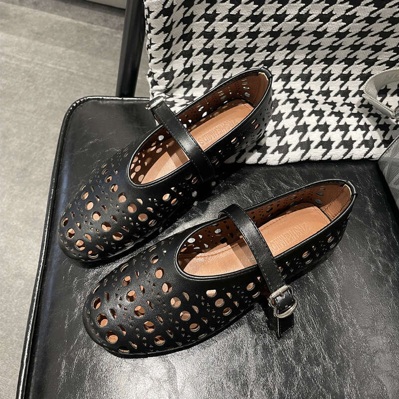 Cowhide Edition~Spring/Summer Genuine Shallow Mouth One Word Buckle with Hollow Round Head Flat Bottom Single for Women Ballet Boats Leather Shoes