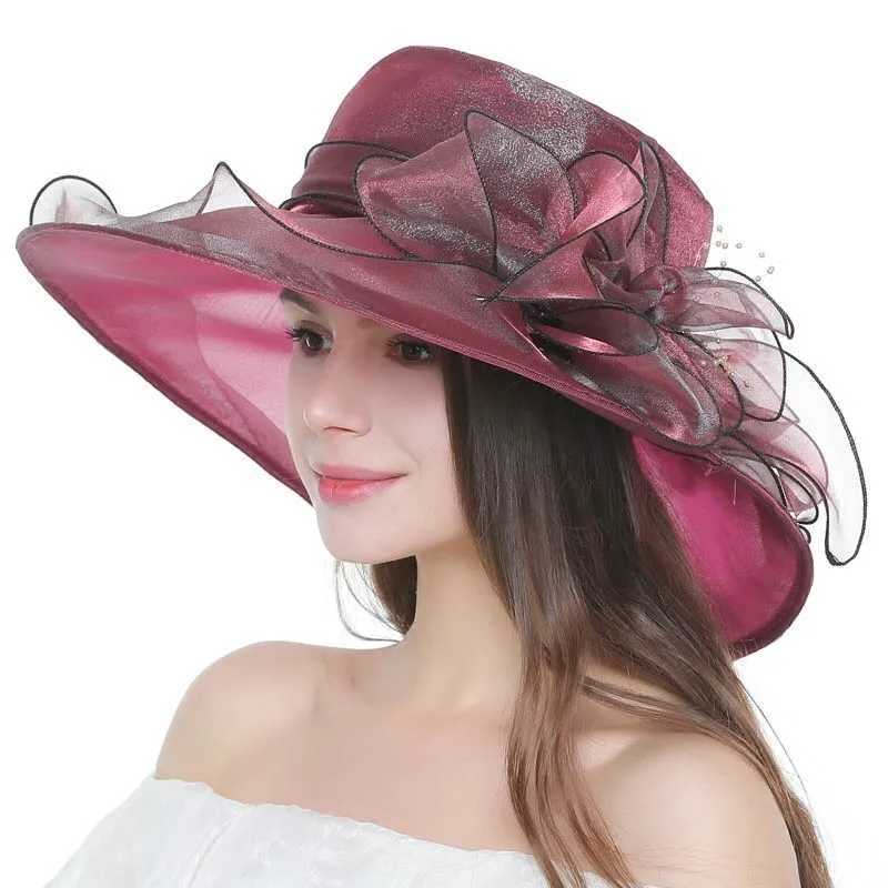 18 Color Ladies Summer Hat White Black Organza Church Fascinator Wedding Tea Party Dey Hats for Women Flower Wide Brim Sun HatXJ250304